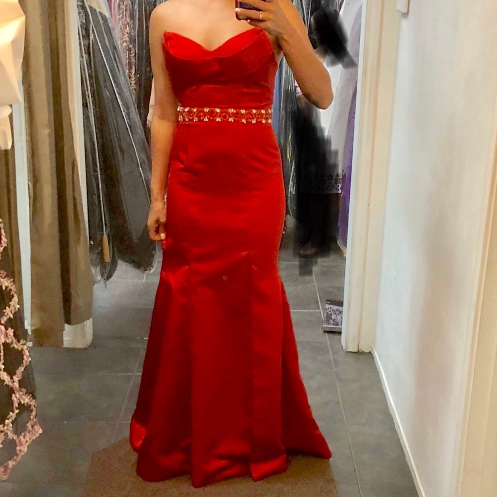 Red Formal Gown with rhinestone belt